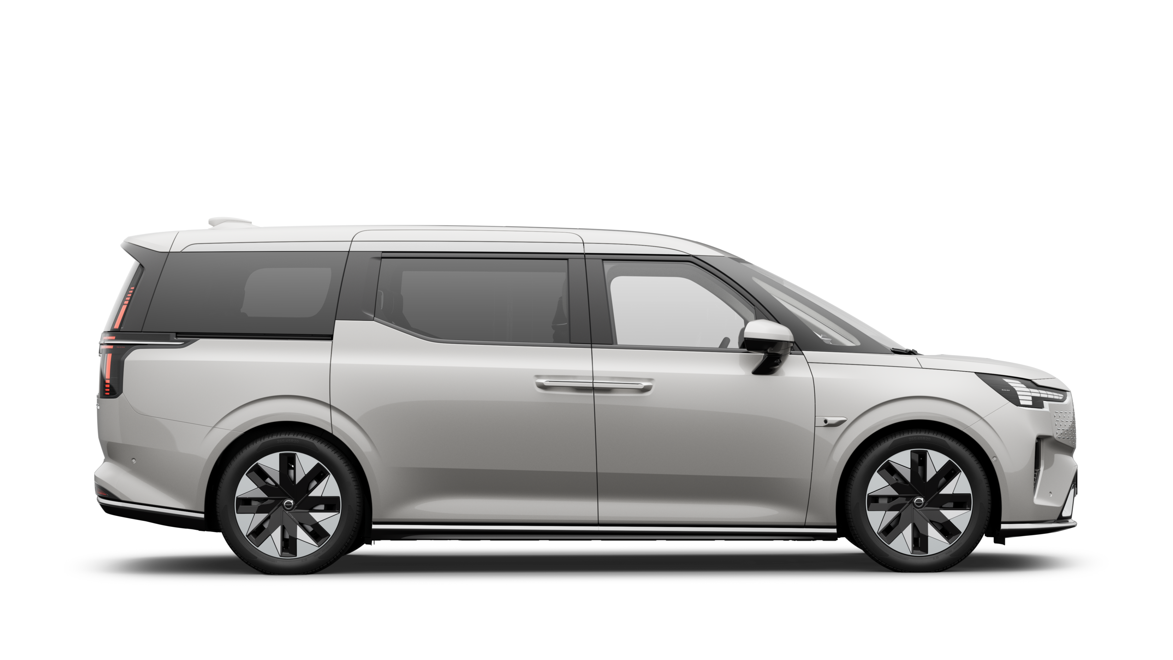 沃尔沃汽车侧视图在纯工作室背景上显示关闭的车门和可见的车轮设计。