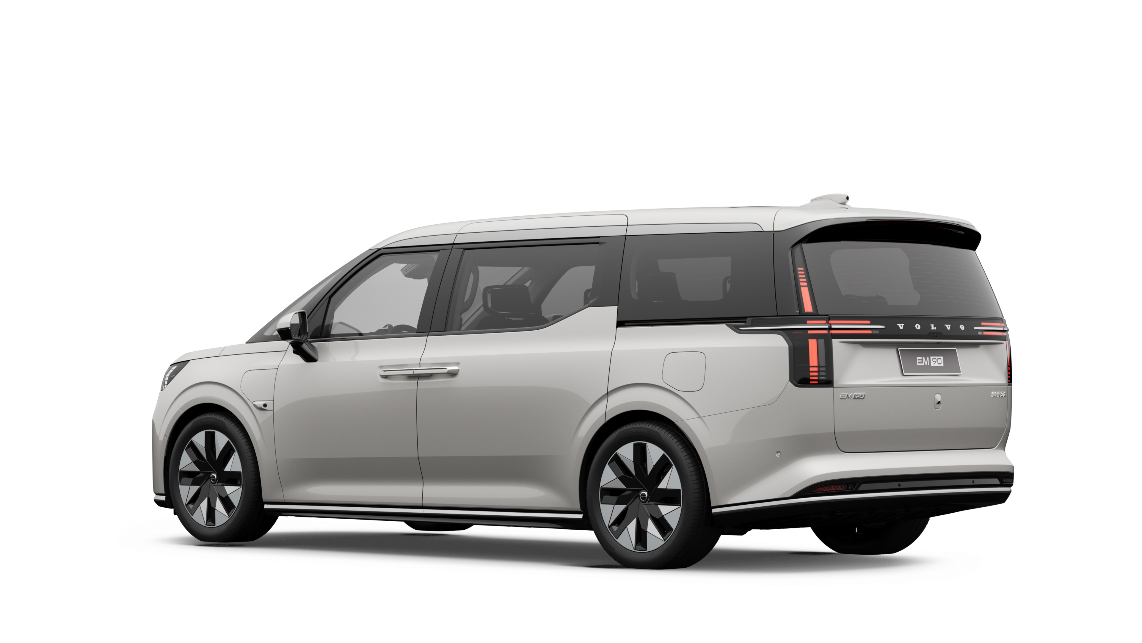 沃尔沃汽车后部四分之三视图，背景为朴素的工作室。