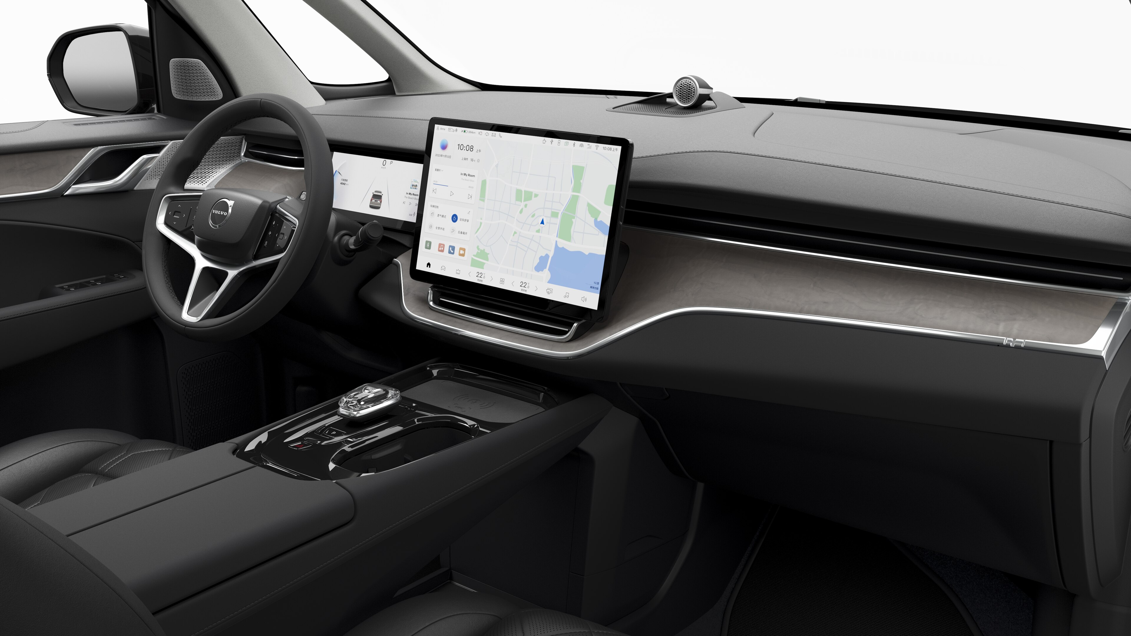 沃尔沃汽车的内部视图，在纯工作室背景中显示仪表板、方向盘、中控台和数字显示屏。