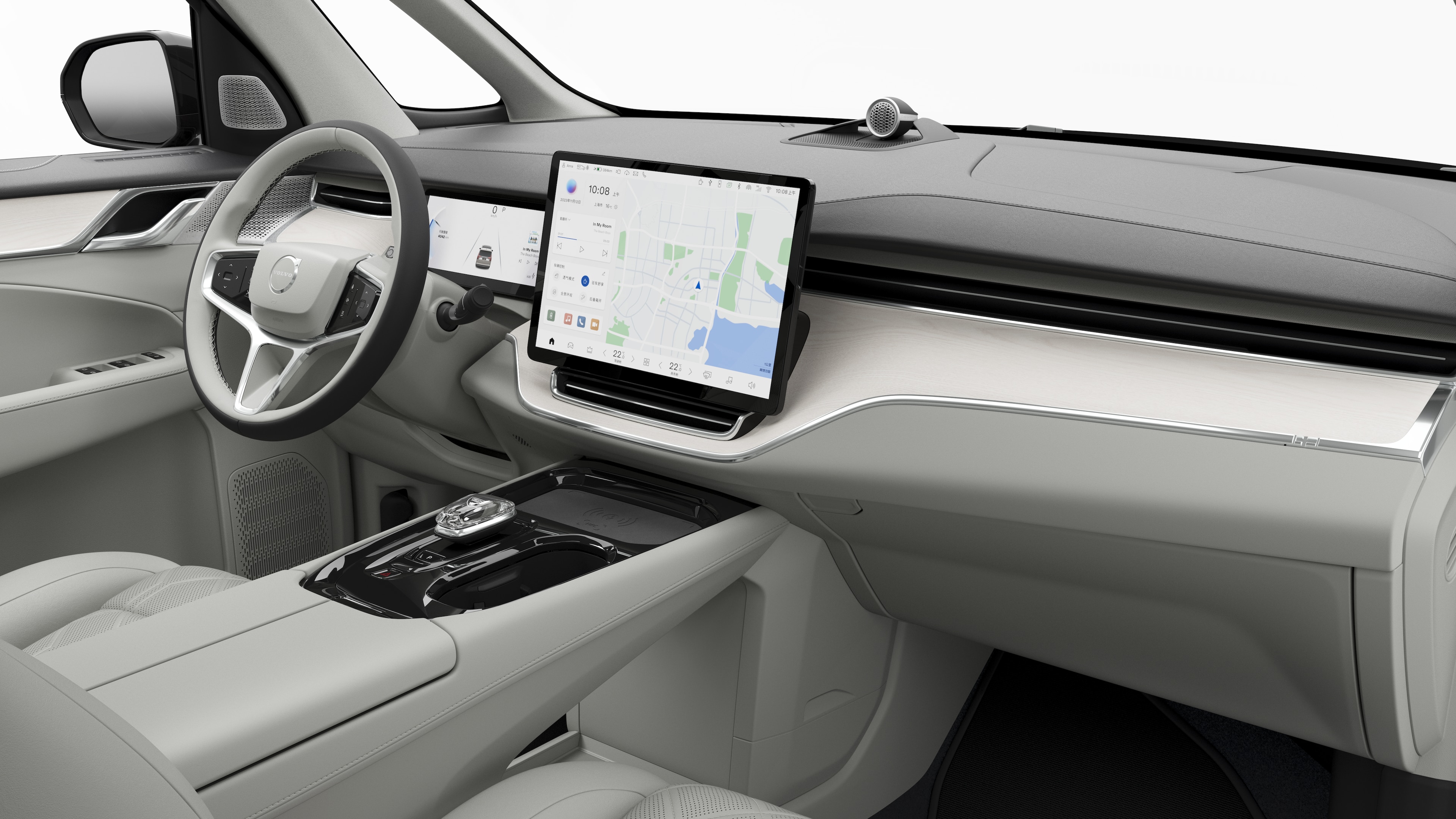 沃尔沃汽车的内部视图，在纯工作室背景中显示仪表板、方向盘、中控台和数字显示屏。
