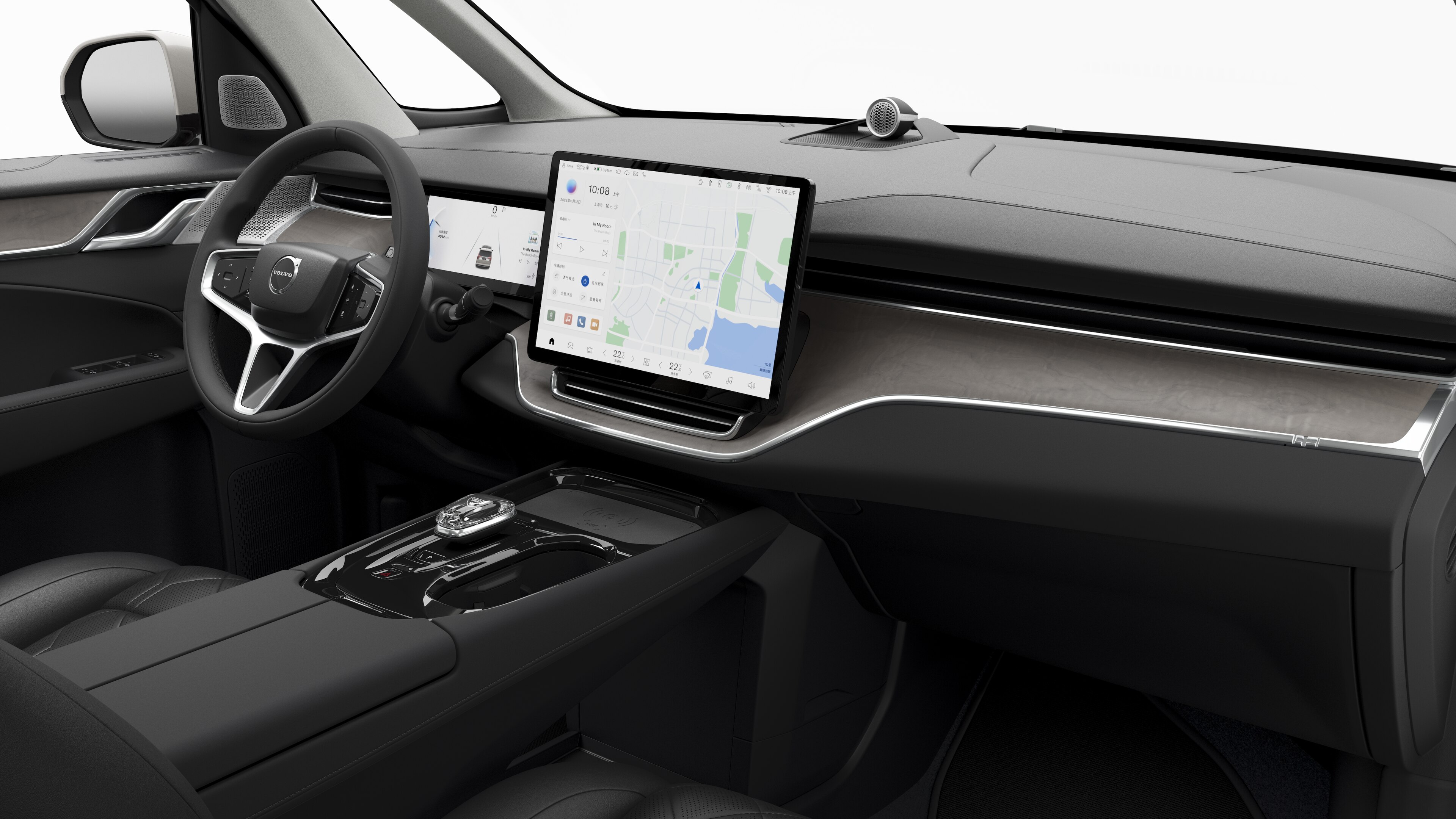 沃尔沃汽车的内部视图，在纯工作室背景中显示仪表板、方向盘、中控台和数字显示屏。