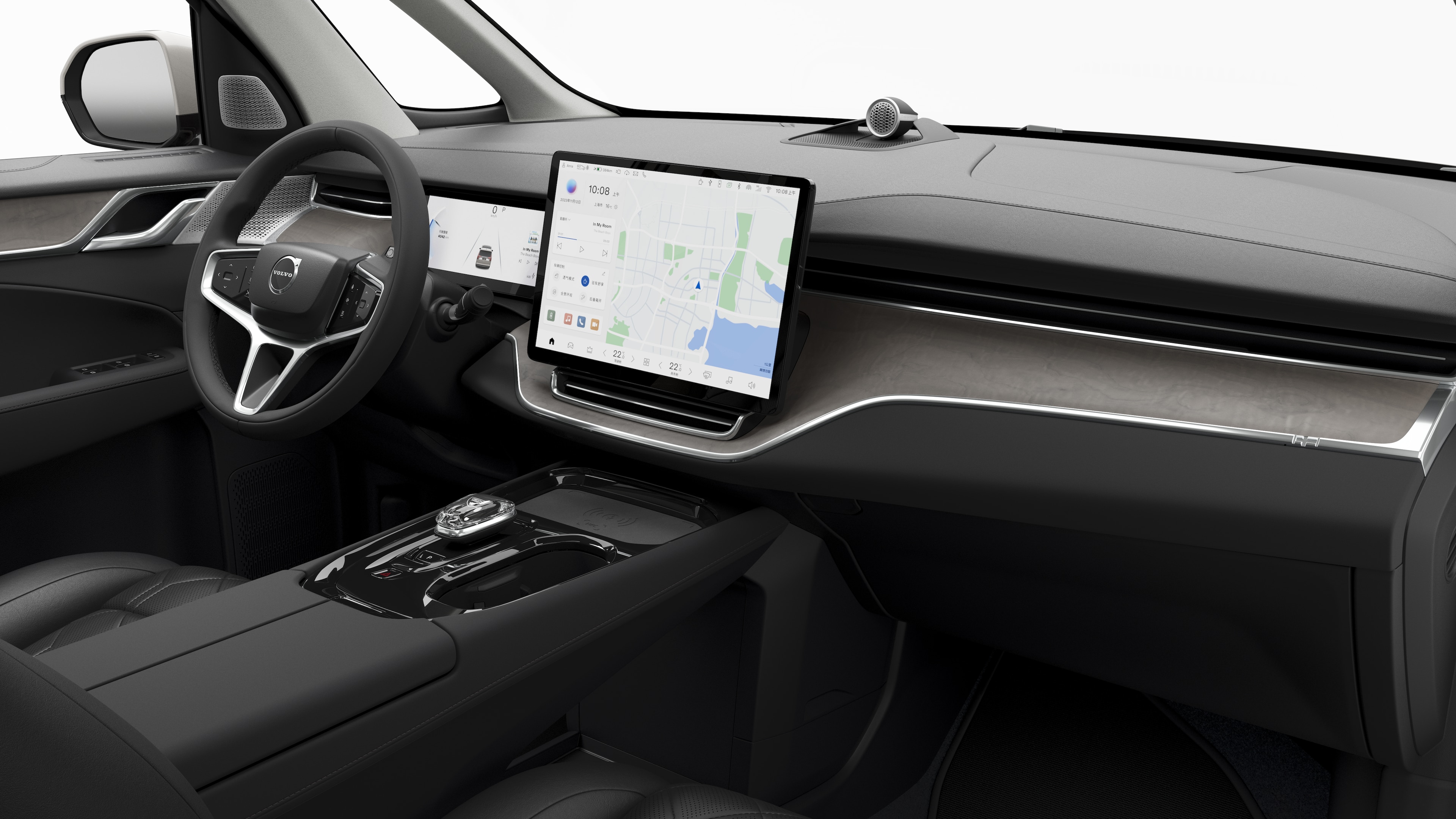 沃尔沃汽车的内部视图，在纯工作室背景中显示仪表板、方向盘、中控台和数字显示屏。
