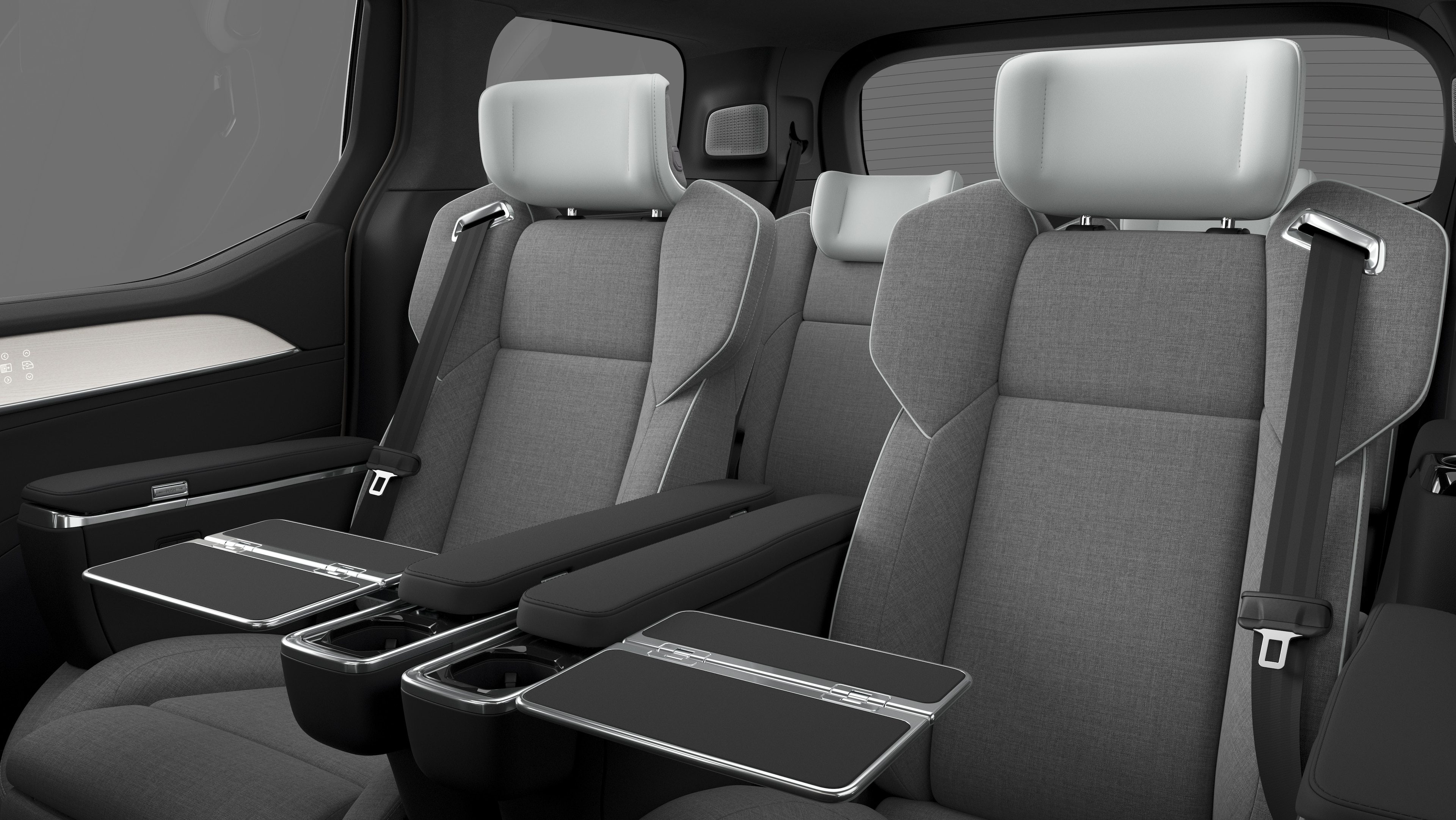 沃尔沃汽车内饰在纯工作室背景中显示后排乘客座椅和中控台。