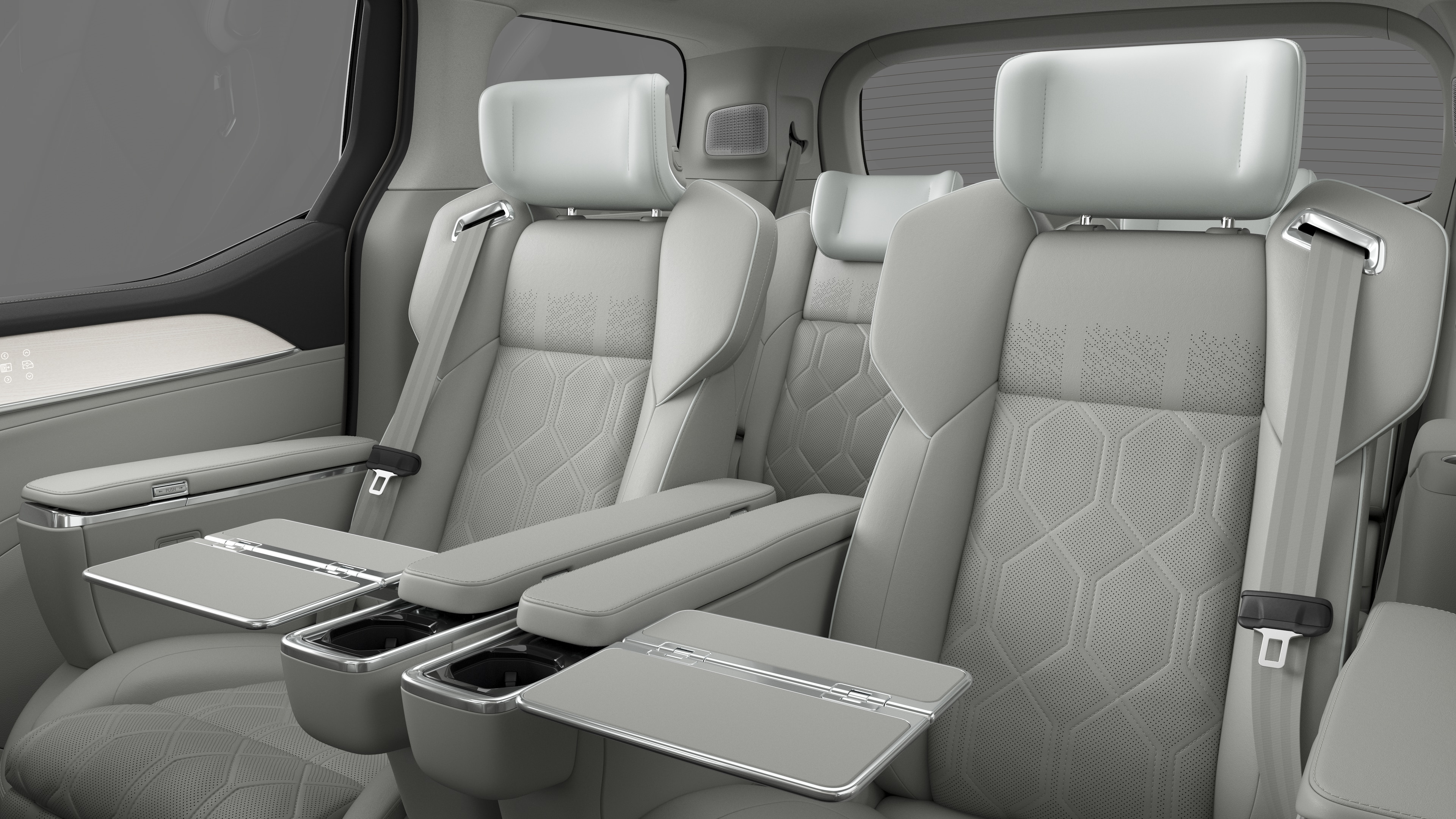 沃尔沃汽车内饰在纯工作室背景中显示后排乘客座椅和中控台。