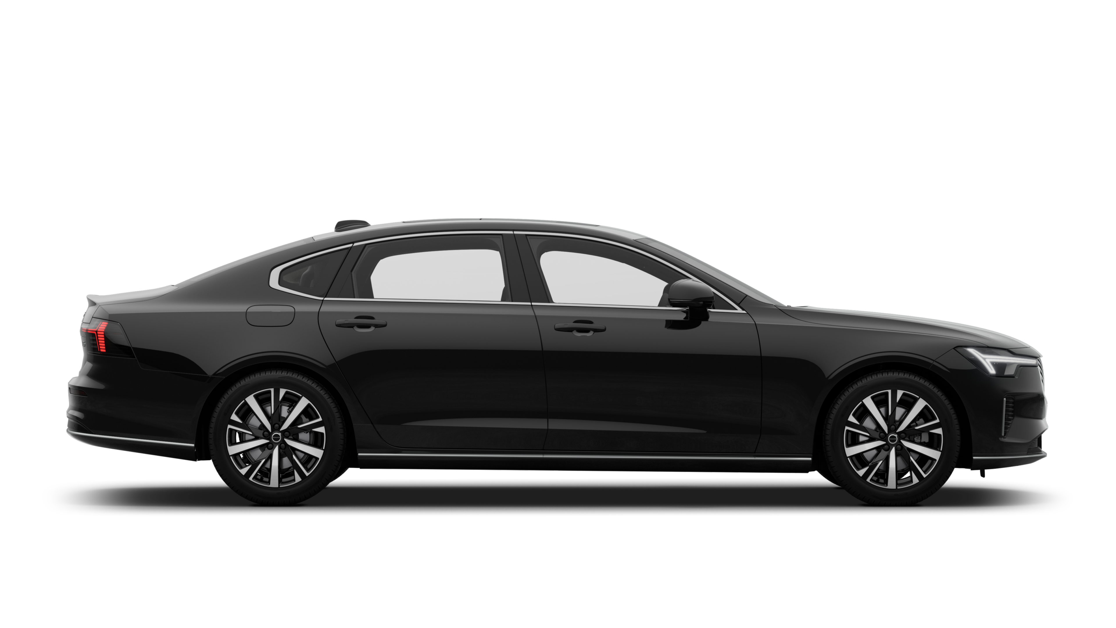 沃尔沃汽车侧视图在纯工作室背景上显示关闭的车门和可见的车轮设计。