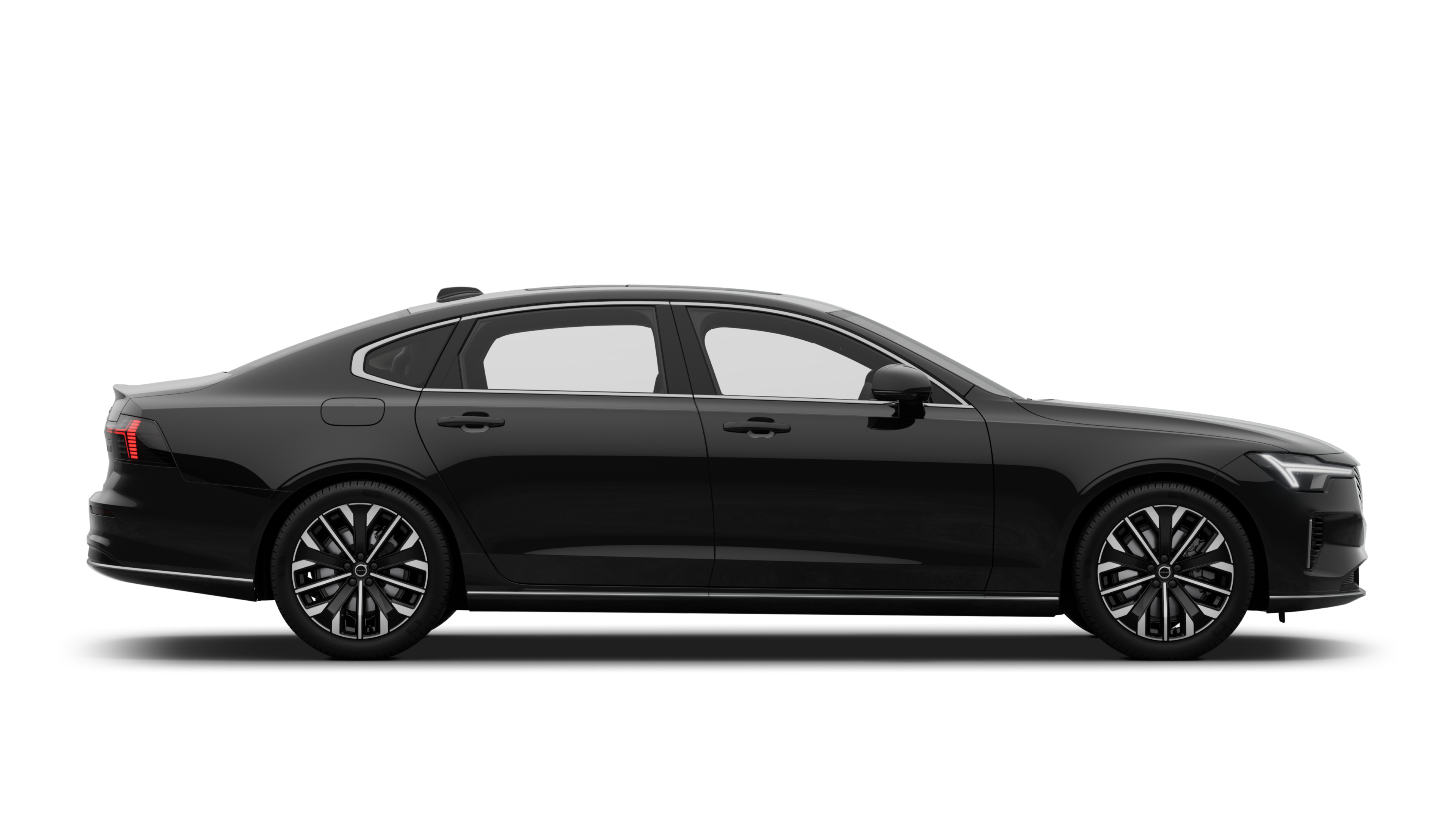 沃尔沃汽车侧视图在纯工作室背景上显示关闭的车门和可见的车轮设计。