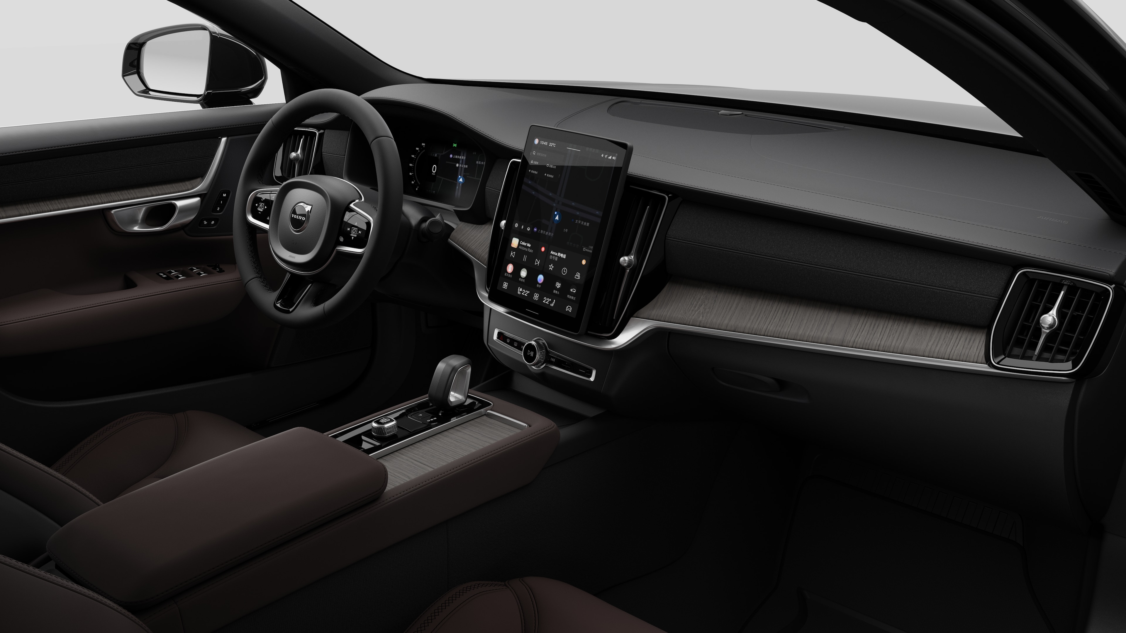 沃尔沃汽车的内部视图，在纯工作室背景中显示仪表板、方向盘、中控台和数字显示屏。