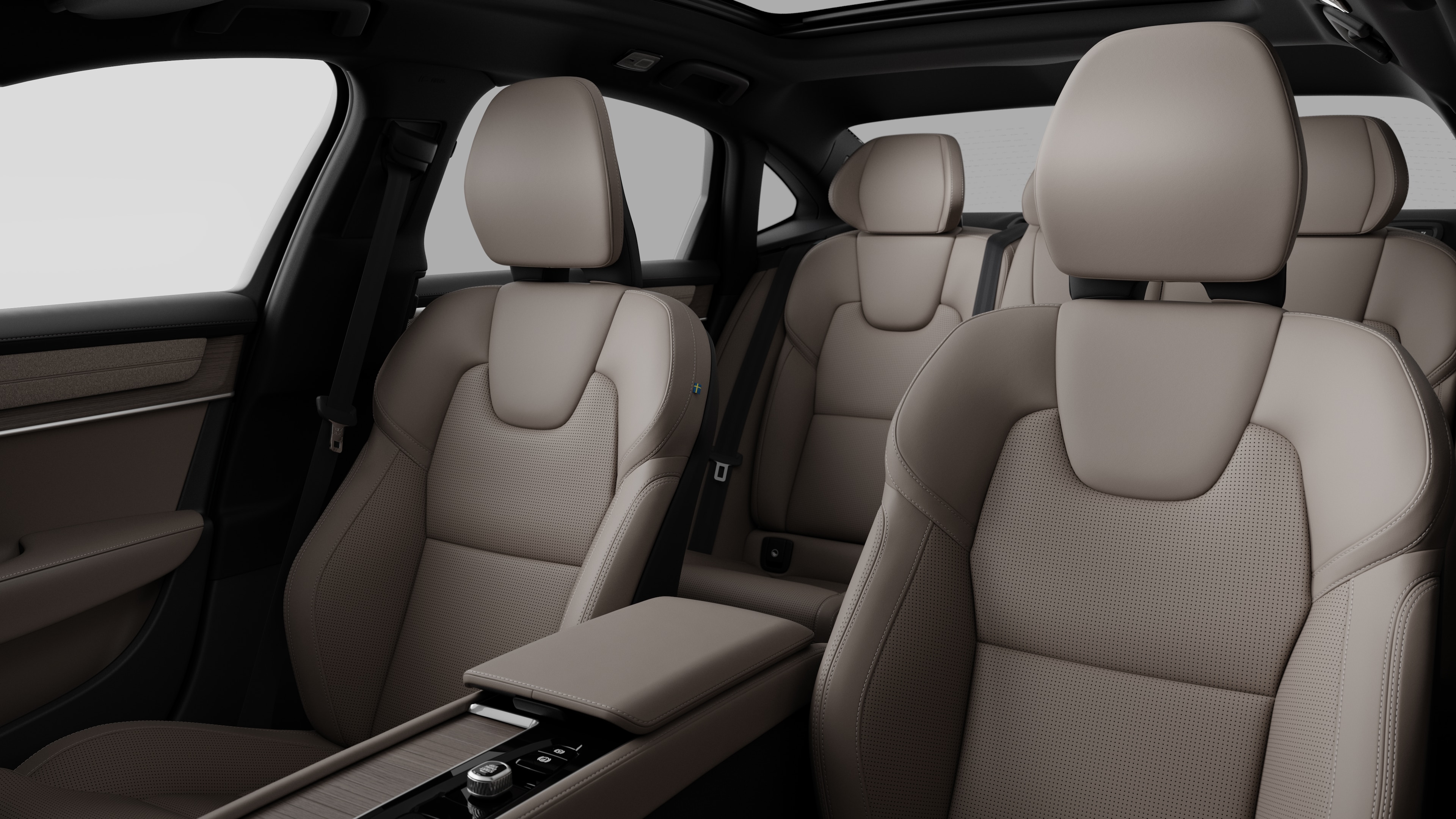 沃尔沃汽车内饰在纯工作室背景中显示后排乘客座椅和中控台。