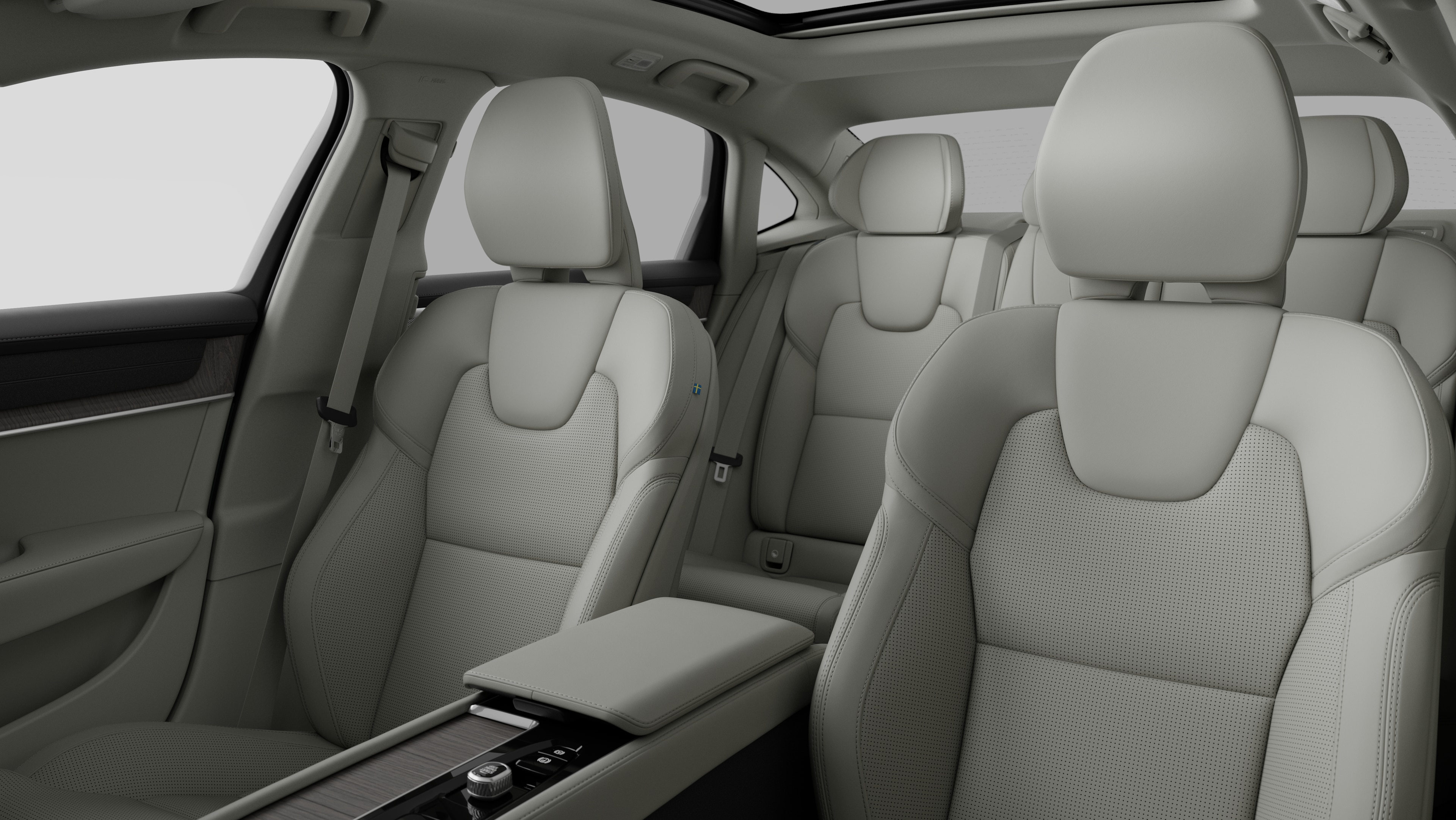 沃尔沃汽车内饰在纯工作室背景中显示后排乘客座椅和中控台。