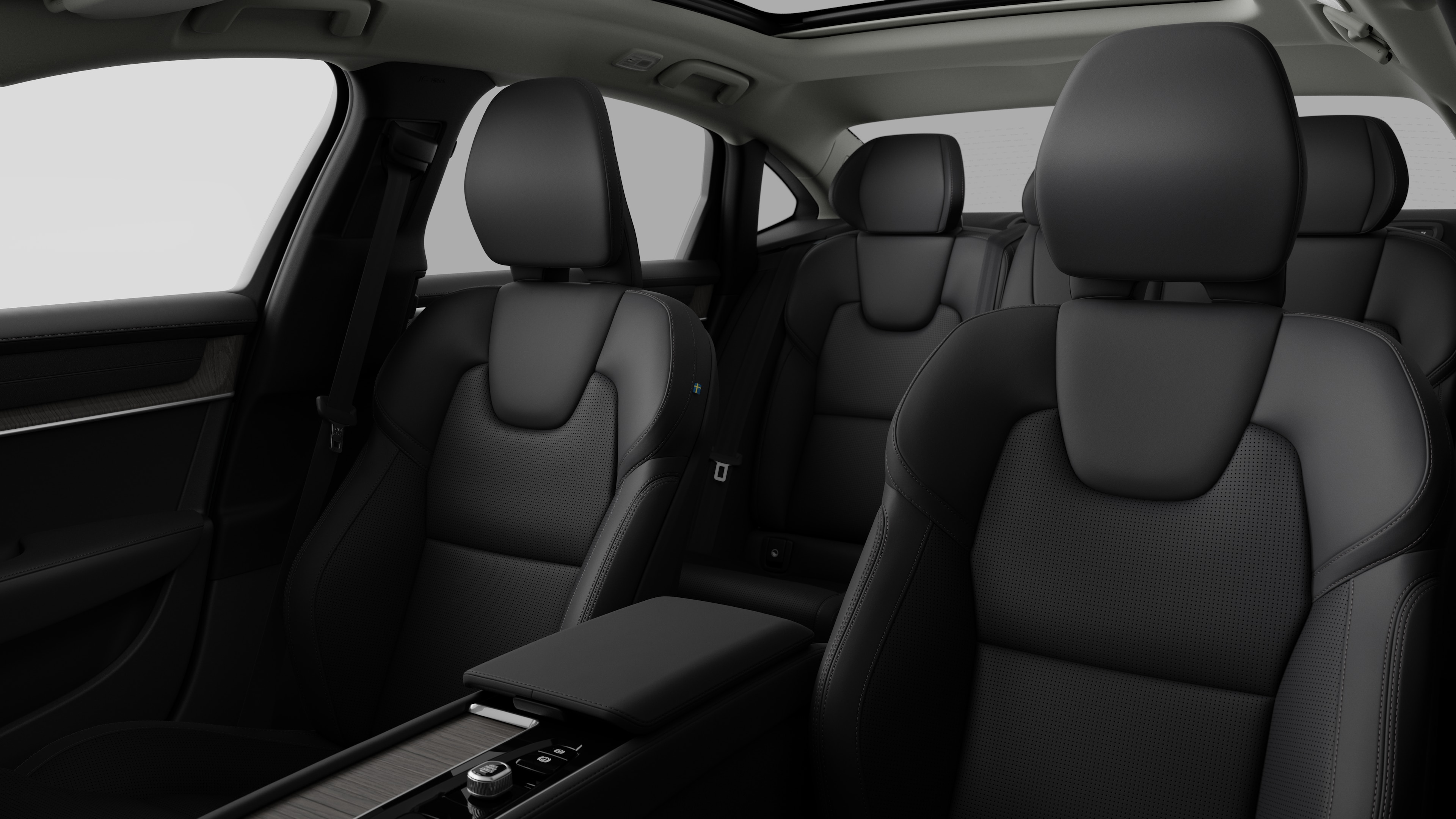 沃尔沃汽车内饰在纯工作室背景中显示后排乘客座椅和中控台。