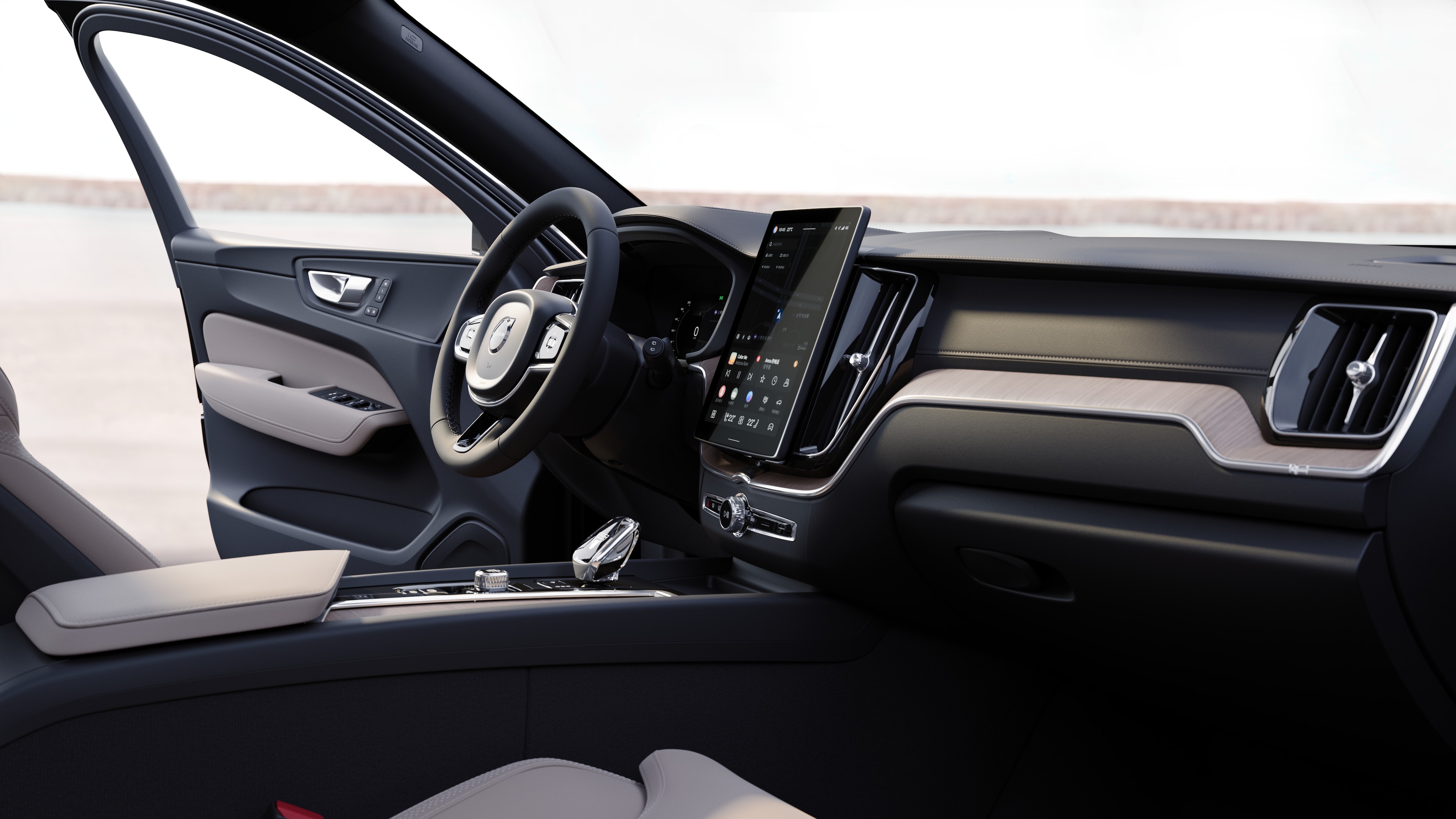 沃尔沃汽车内饰显示仪表板、方向盘和中控台，并在开阔的道路背景下显示数字显示屏。