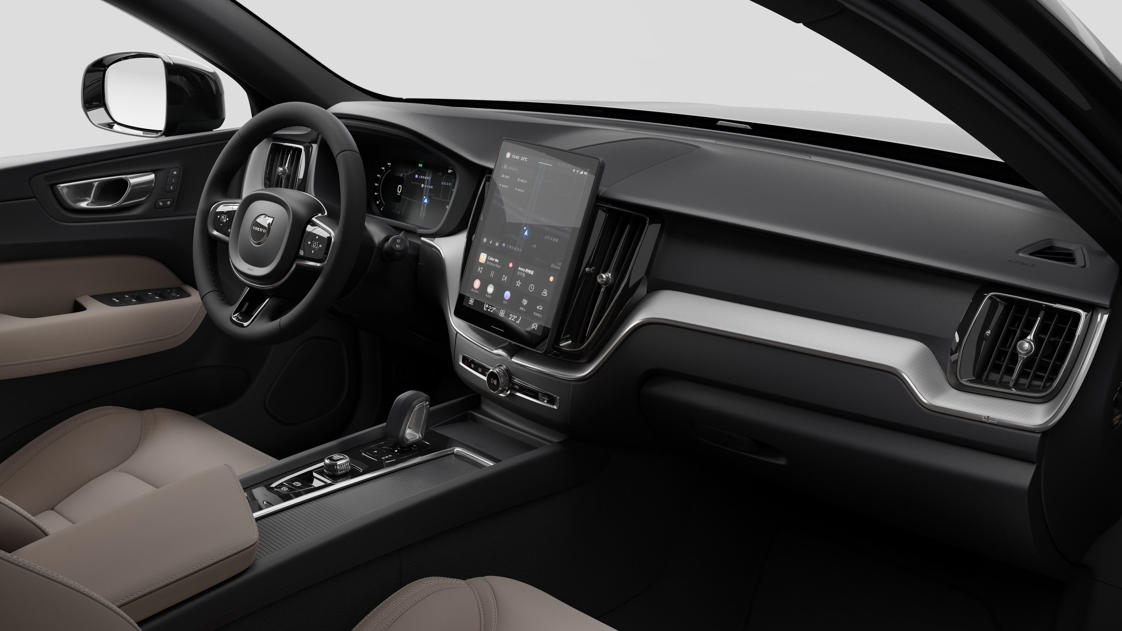 沃尔沃汽车的内部视图，在纯工作室背景中显示仪表板、方向盘、中控台和数字显示屏。