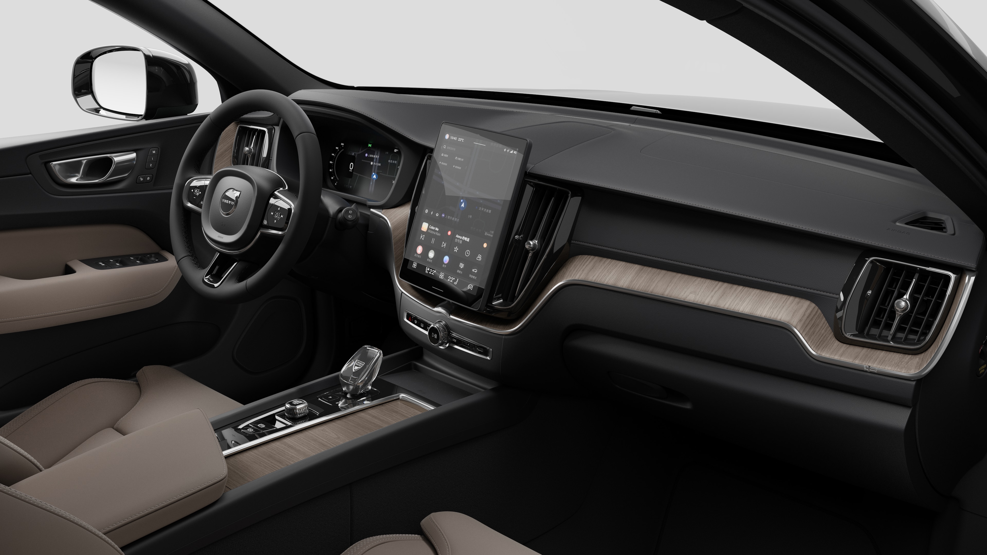 沃尔沃汽车的内部视图，在纯工作室背景中显示仪表板、方向盘、中控台和数字显示屏。