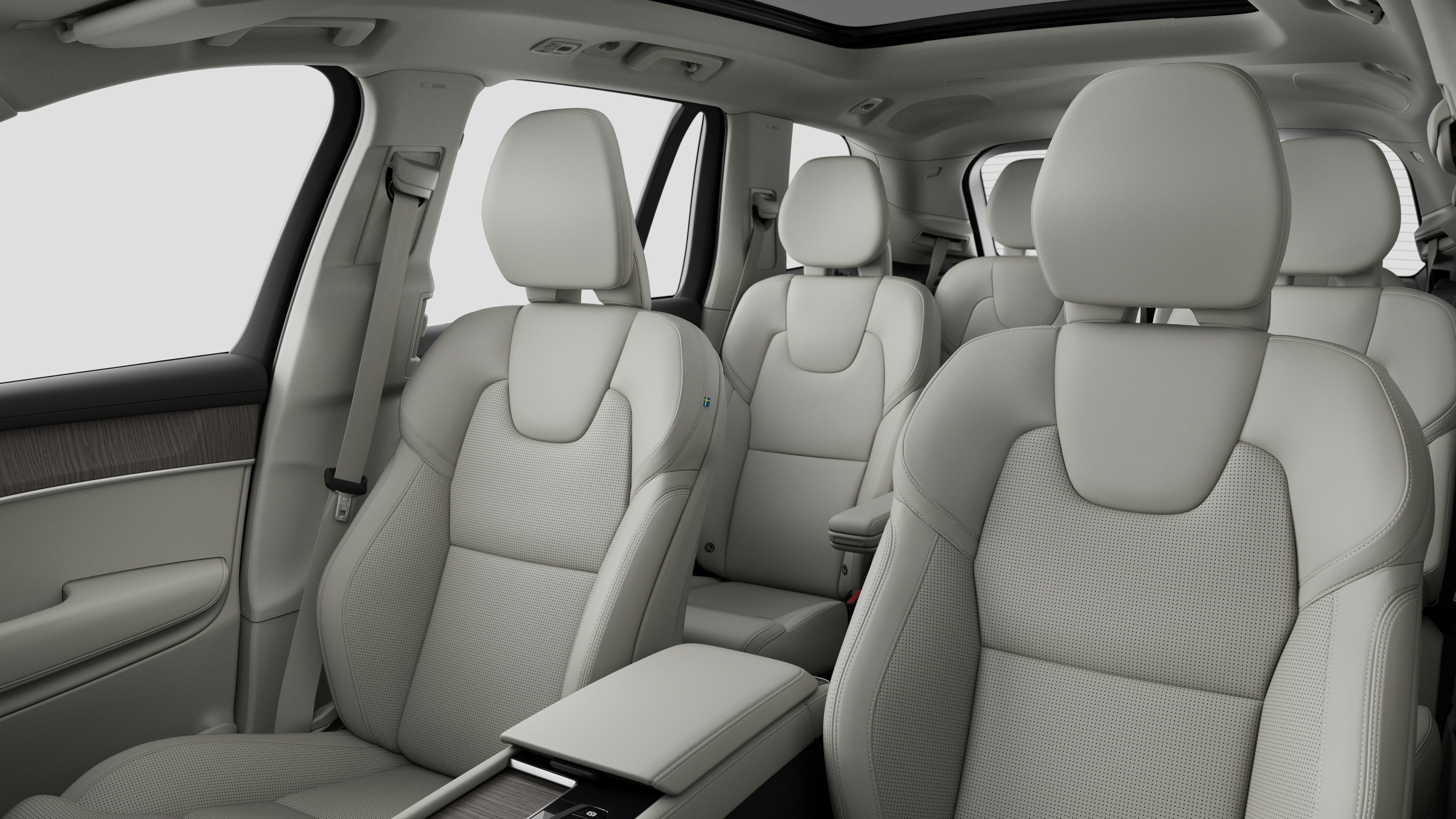 沃尔沃汽车内饰在纯工作室背景中显示后排乘客座椅和中控台。