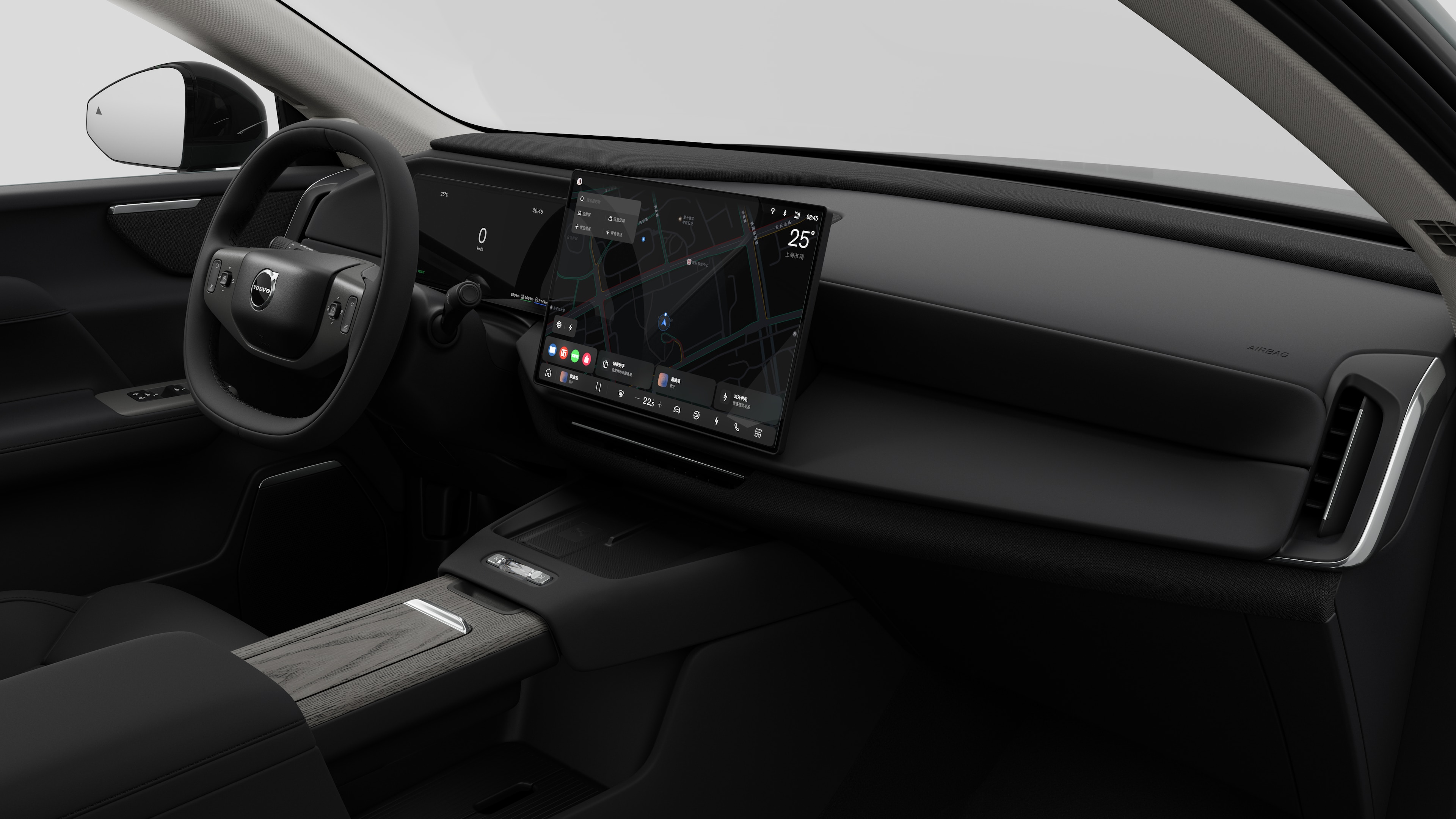 沃尔沃汽车的内部视图，在纯工作室背景中显示仪表板、方向盘、中控台和数字显示屏。