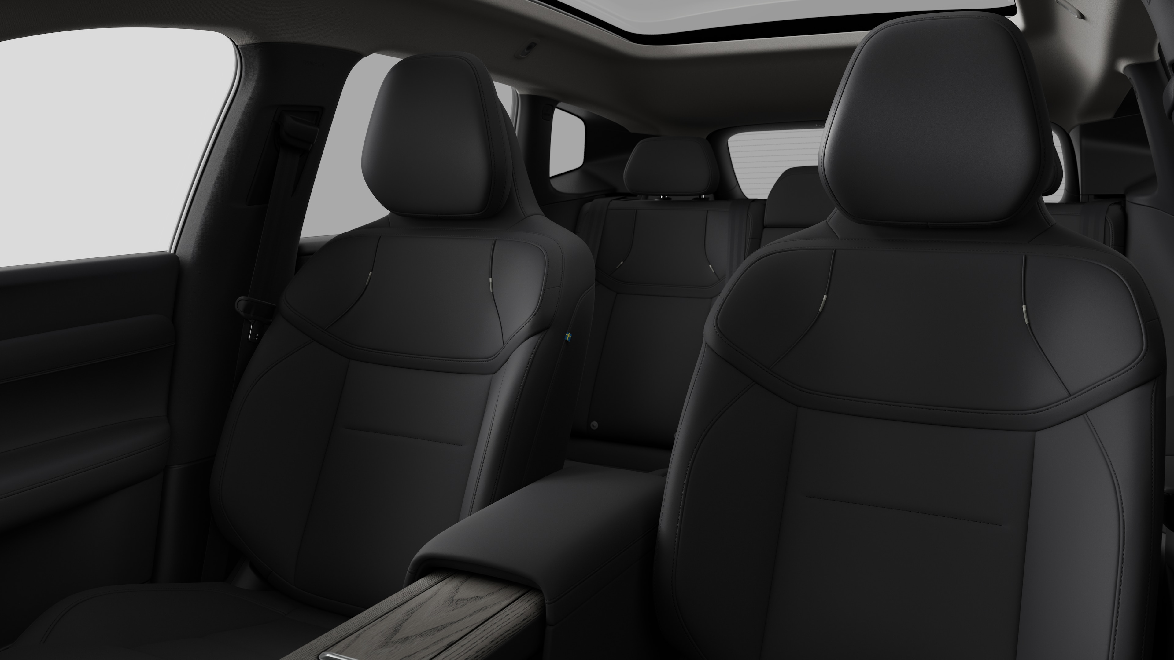 沃尔沃汽车内饰在纯工作室背景中显示后排乘客座椅和中控台。
