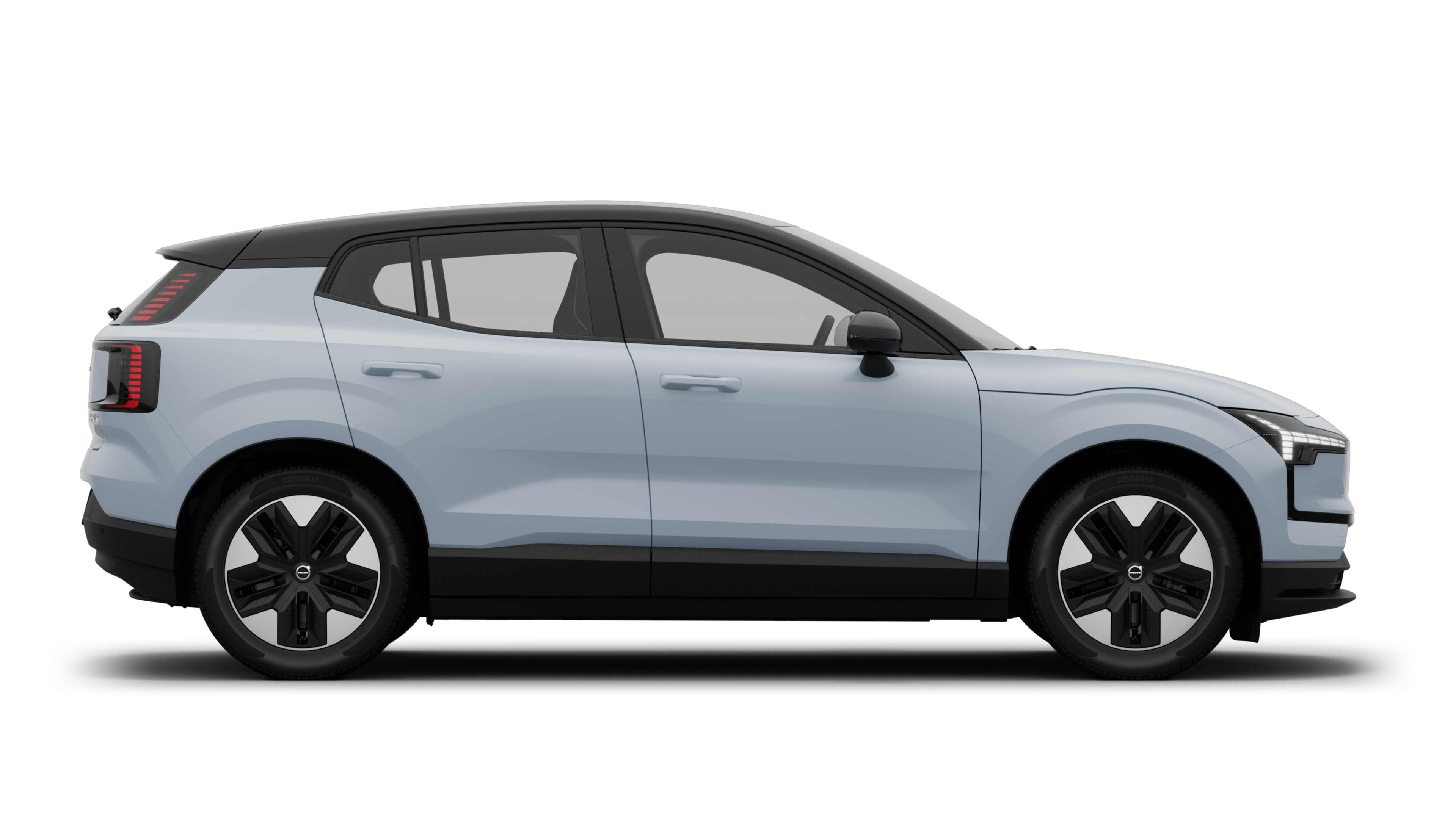 沃尔沃汽车侧视图在纯工作室背景上显示关闭的车门和可见的车轮设计。