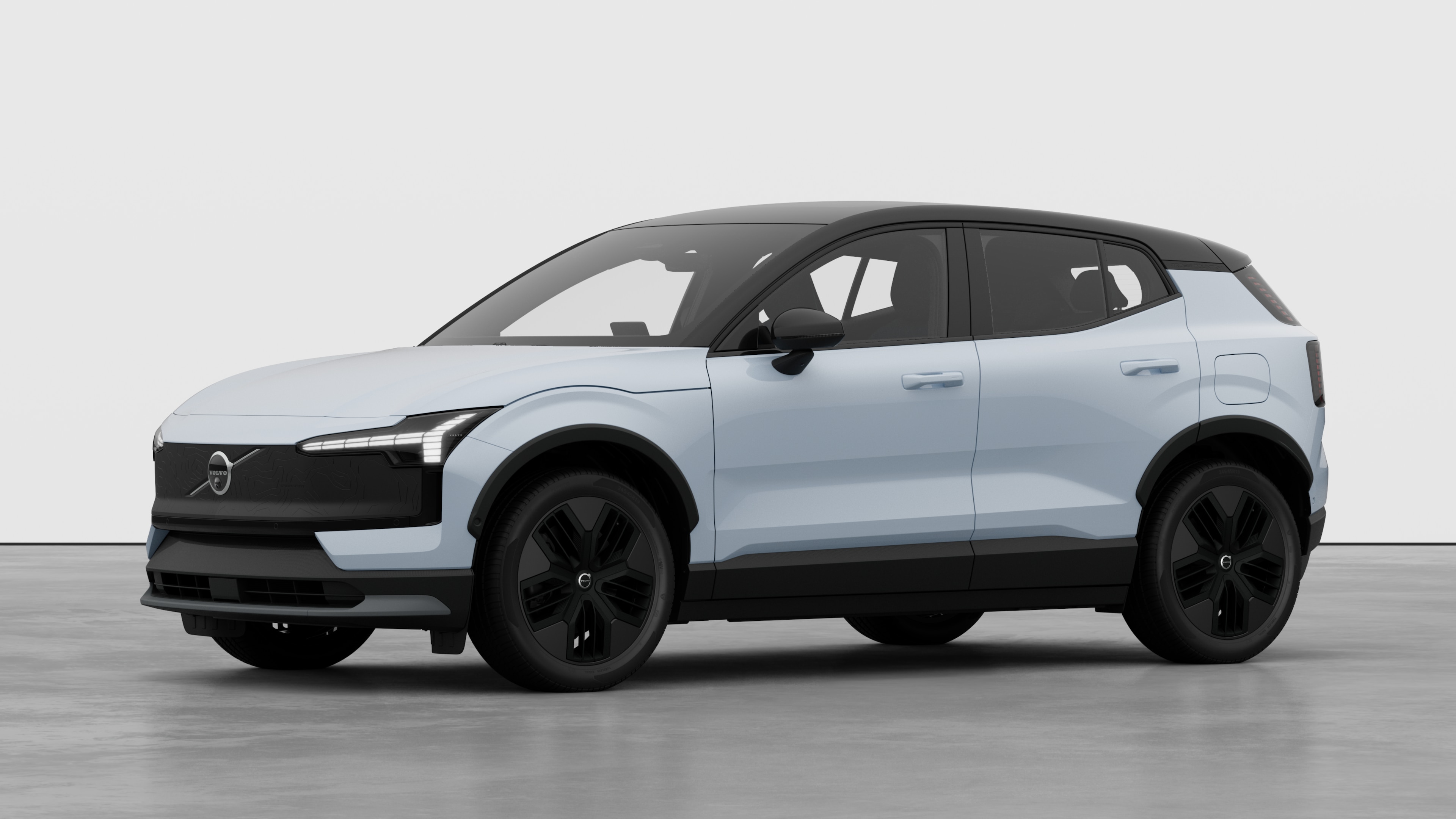 沃尔沃汽车外观四分之三视图，朴素的工作室背景。