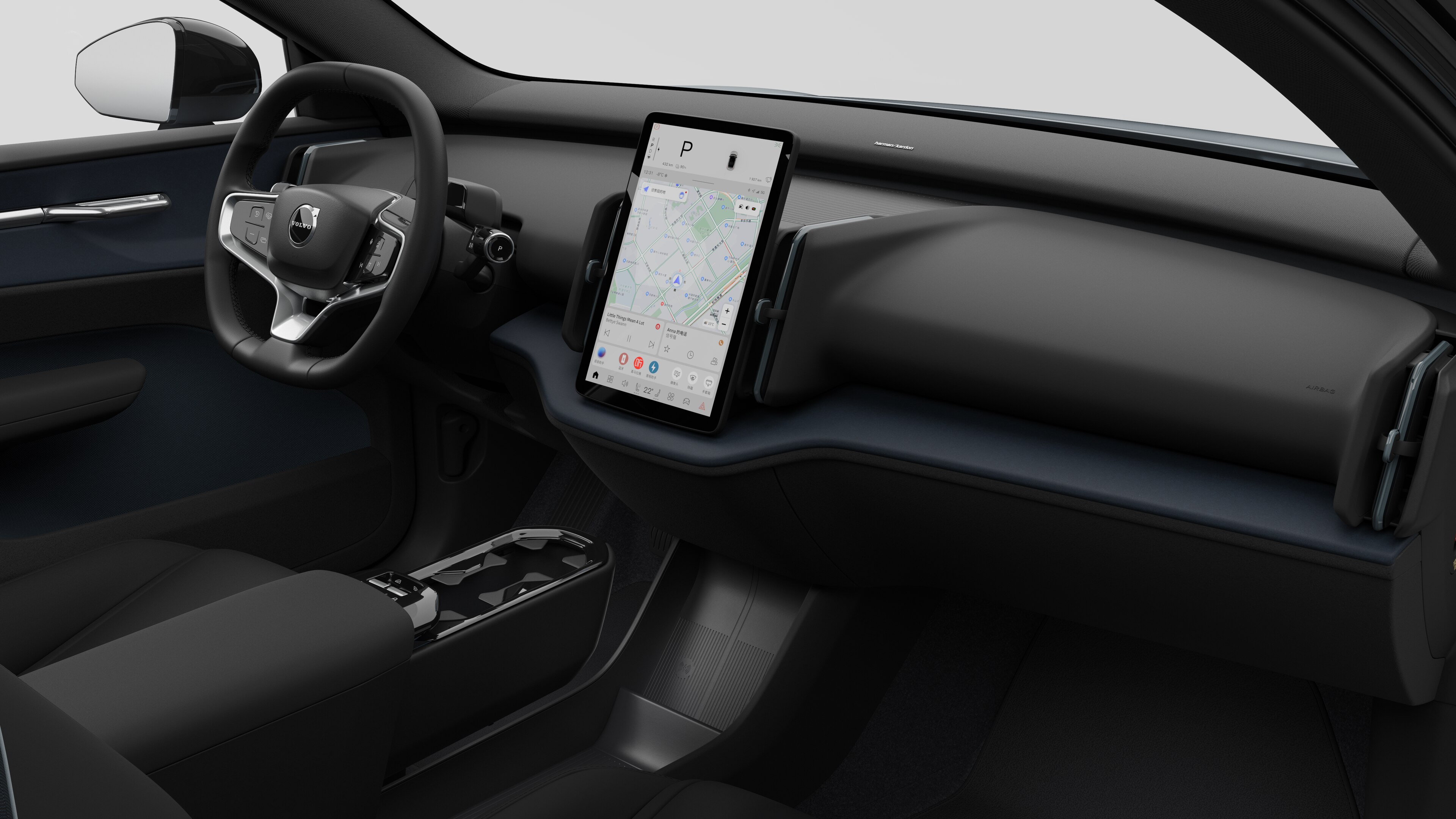 沃尔沃汽车的内部视图，在纯工作室背景中显示仪表板、方向盘、中控台和数字显示屏。