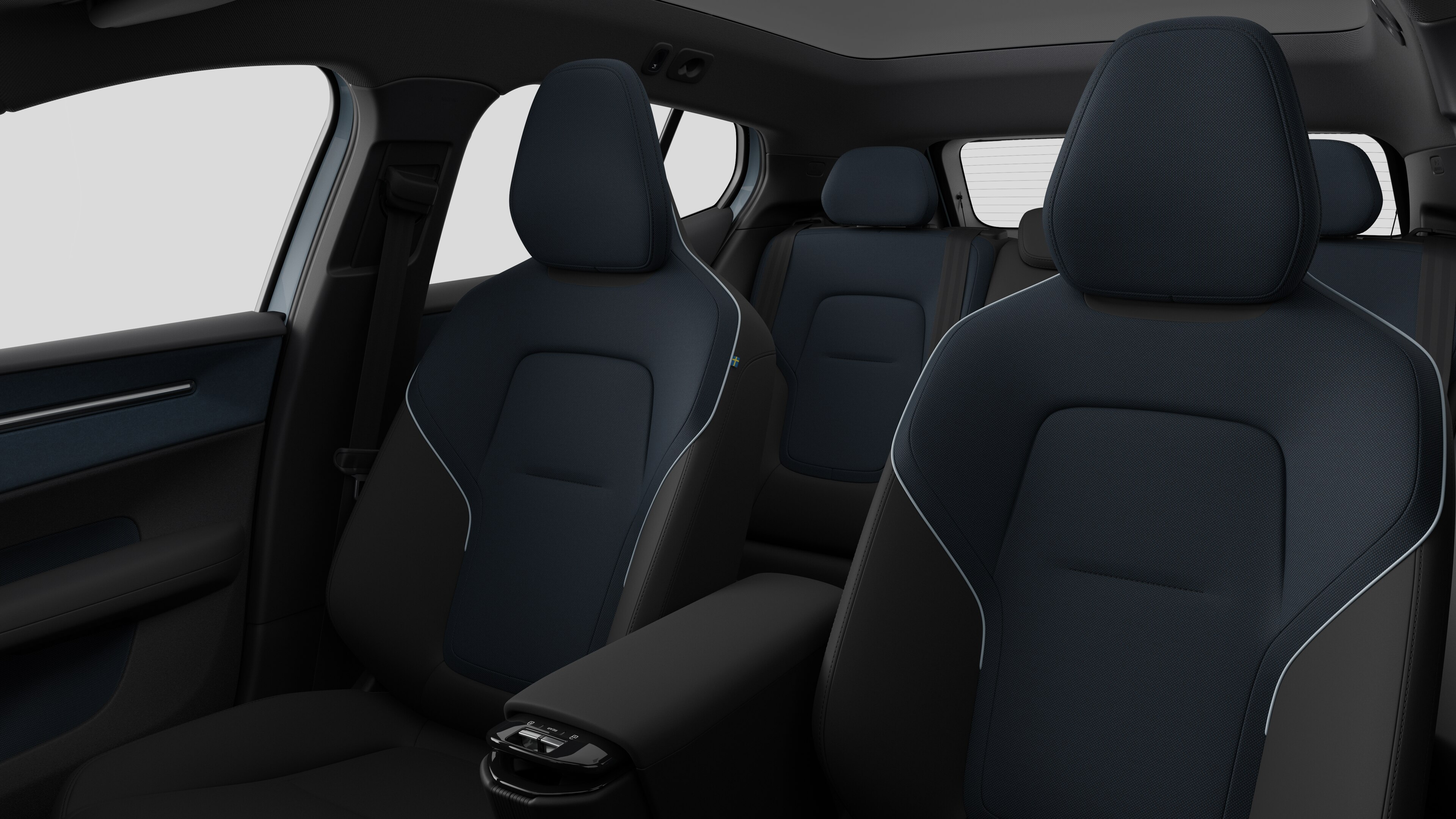 沃尔沃汽车内饰在纯工作室背景中显示后排乘客座椅和中控台。
