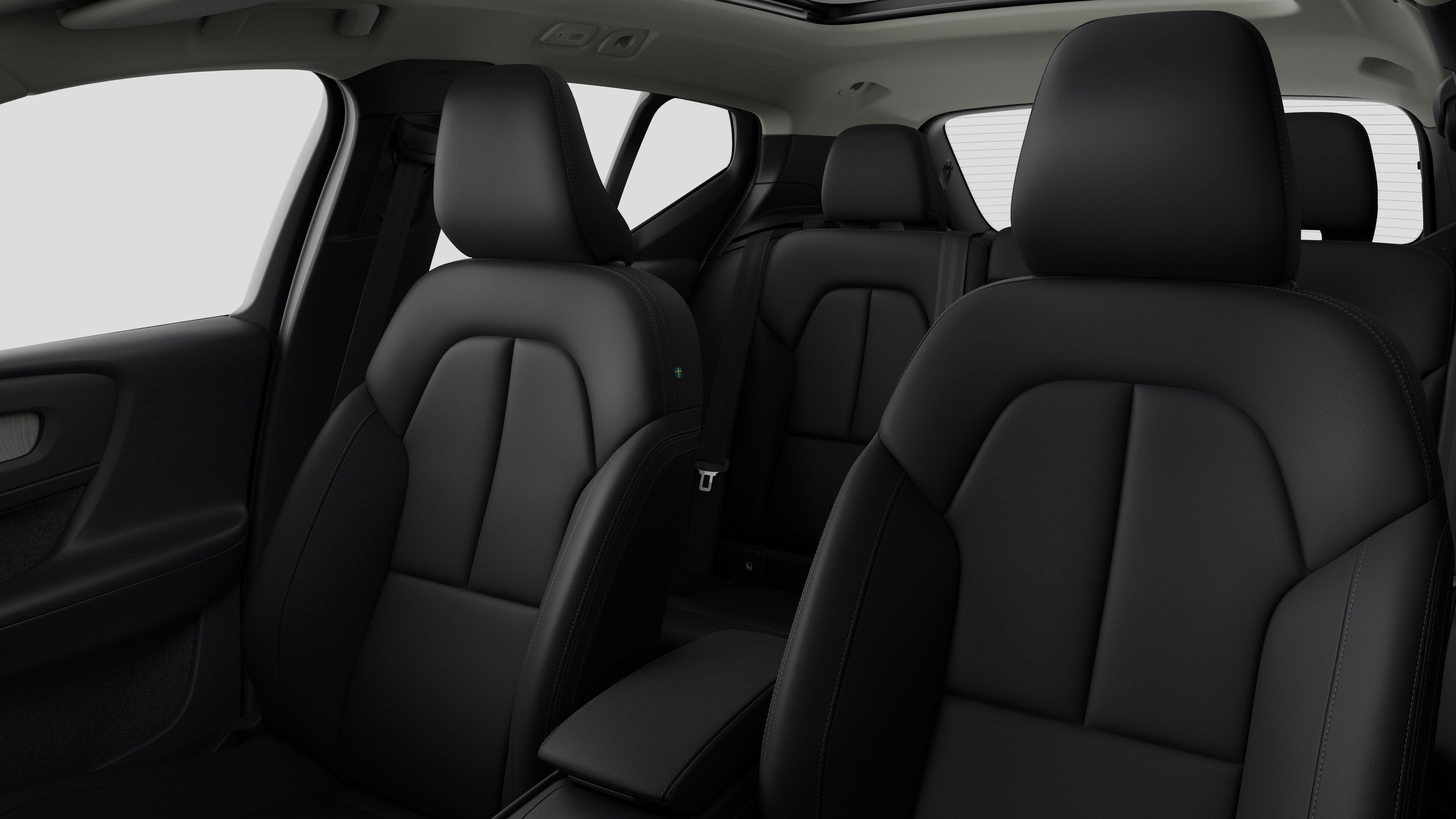 沃尔沃汽车内饰在纯工作室背景中显示后排乘客座椅和中控台。