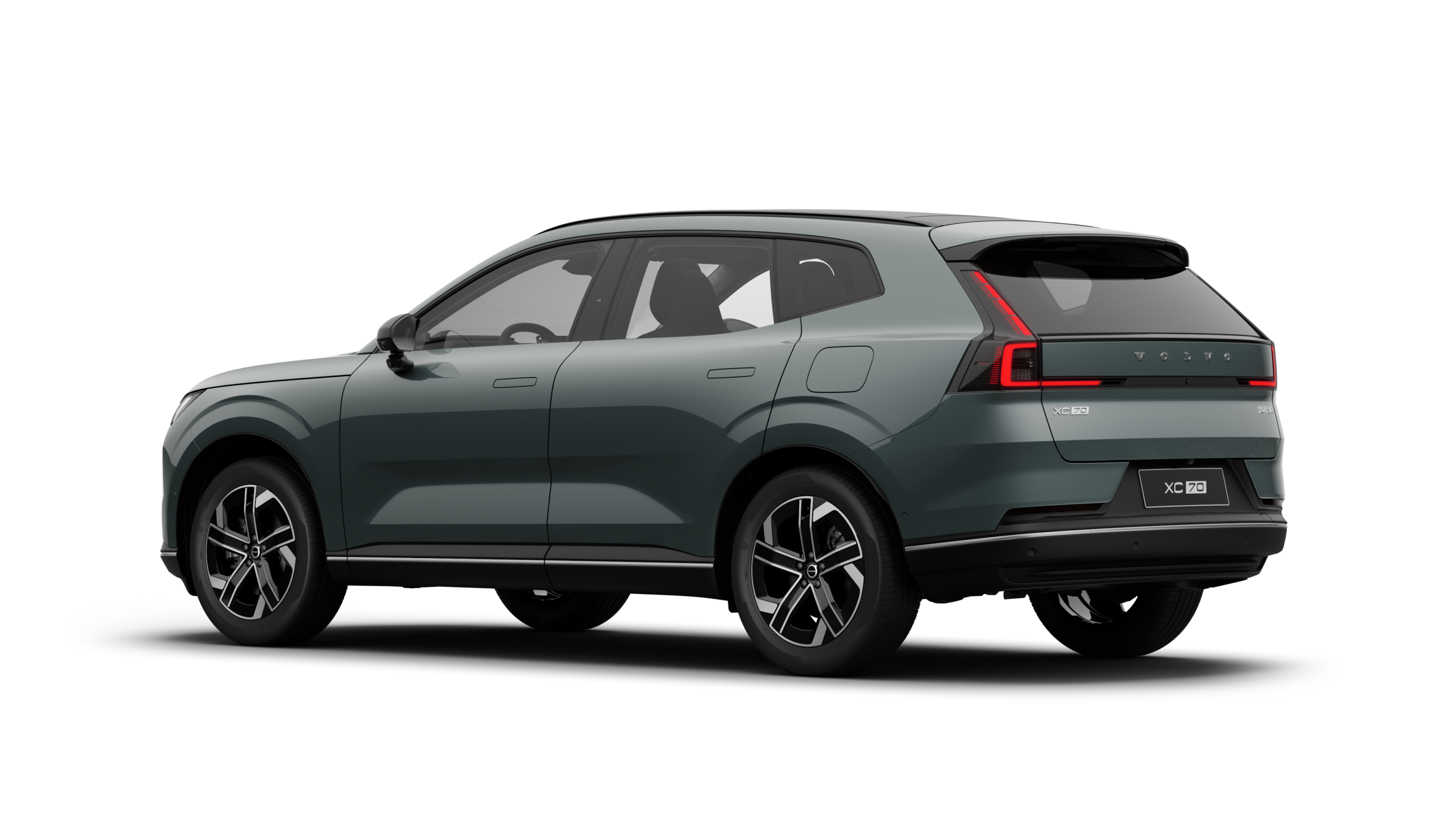 沃尔沃汽车后部四分之三视图，背景为朴素的工作室。