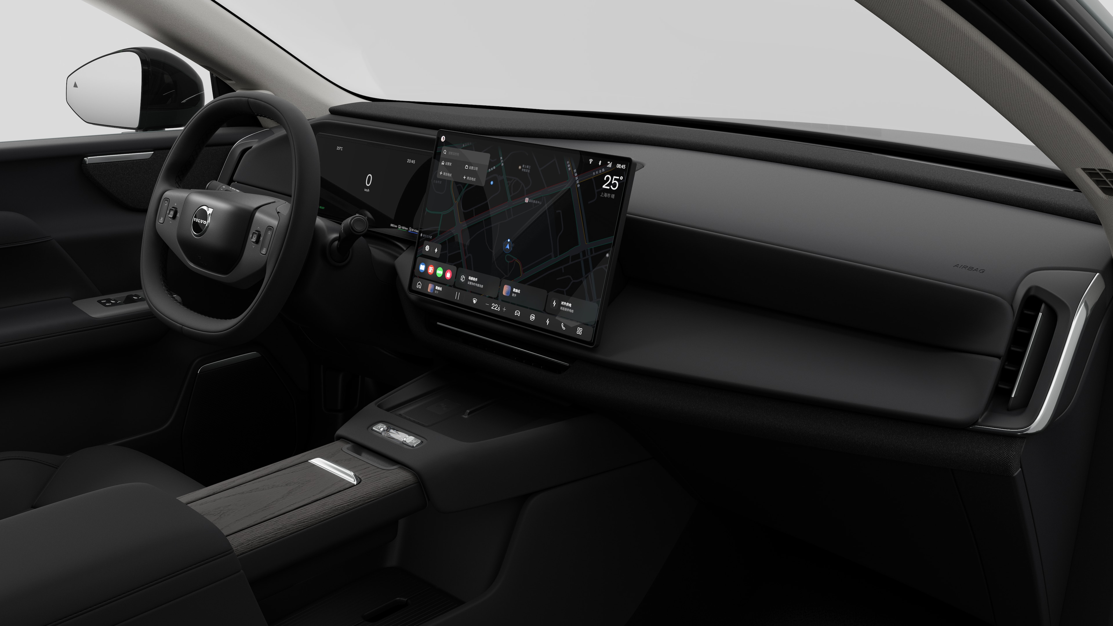 沃尔沃汽车的内部视图，在纯工作室背景中显示仪表板、方向盘、中控台和数字显示屏。