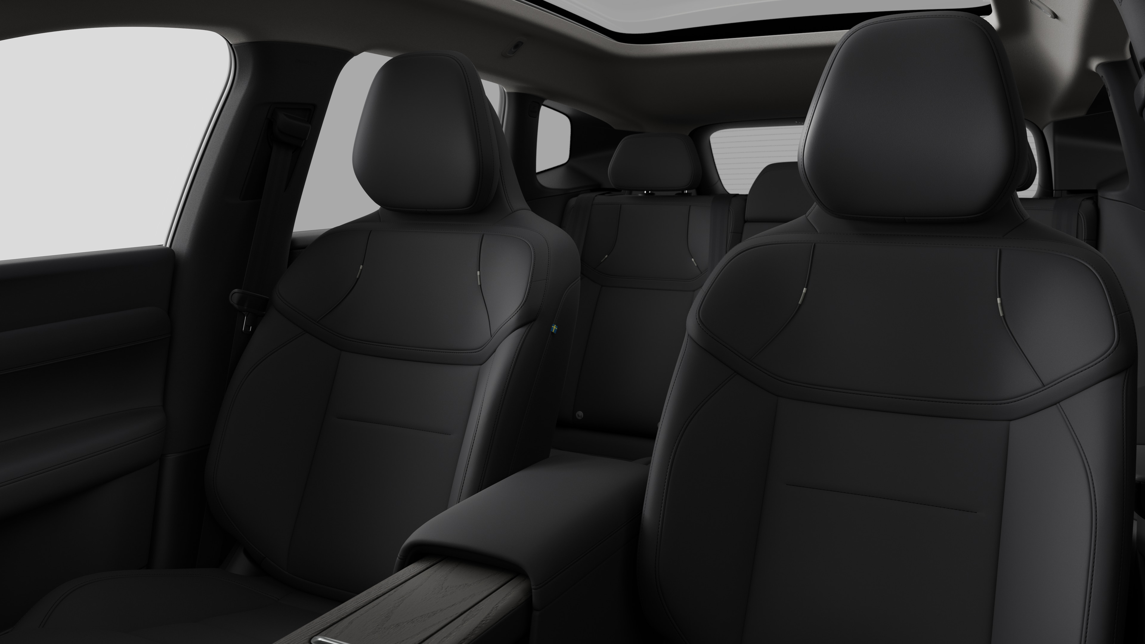 沃尔沃汽车内饰在纯工作室背景中显示后排乘客座椅和中控台。